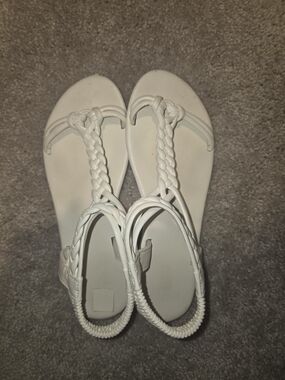 Women’s White Braided T-Strap Sandals